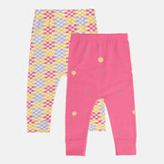 Girls Cotton Pack Of 2 Full length Polka Dots & Balloon Printed Leggings - White & Pink