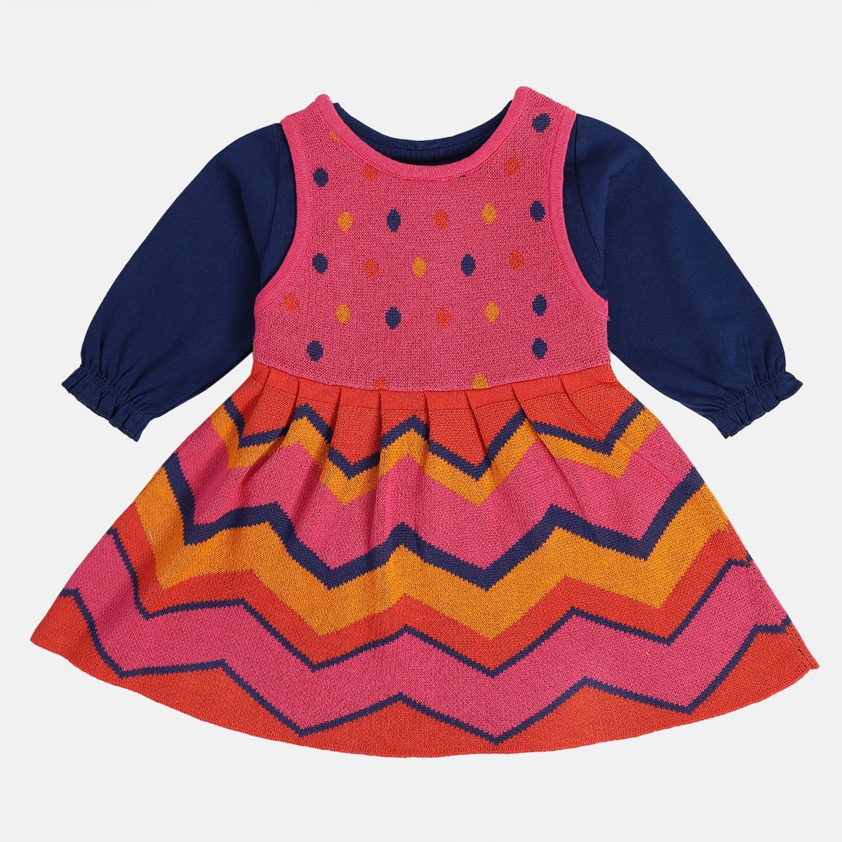 Girls Cotton Full Sleeves Geometric Self Design Pinny Set - Pink & Navy Blue
