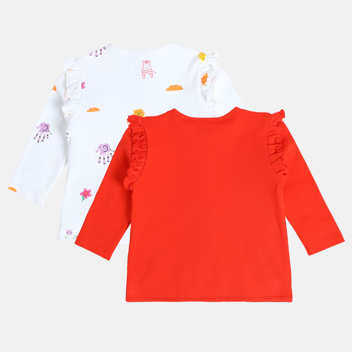 Girls Cotton Pack Of 2 Full Sleeves Animal Printed Front Open Vest - Red & White