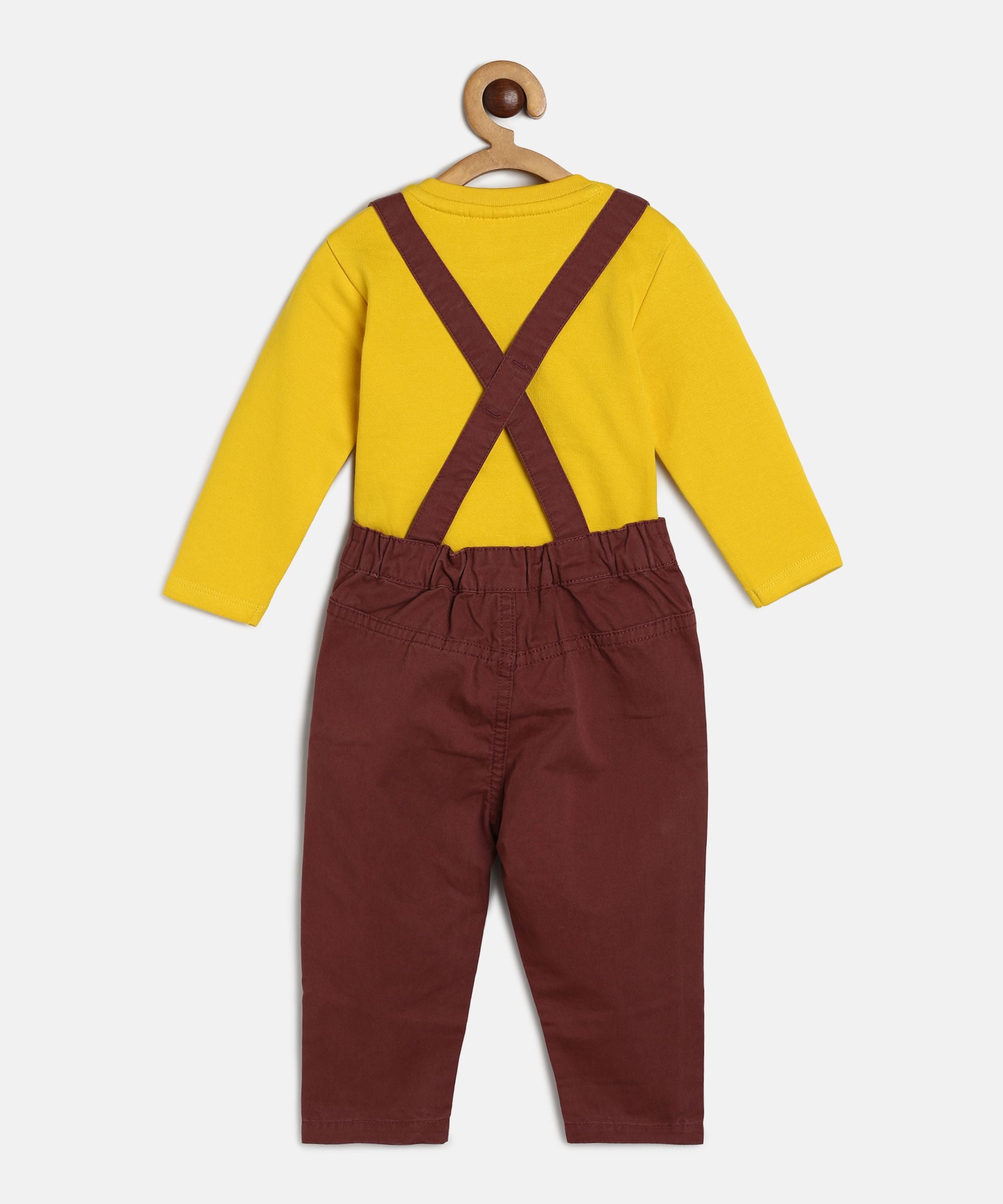 Baby Boys Yellow and Brown Cotton Printed Dungaree Set Regular Fit Casual Wear Set