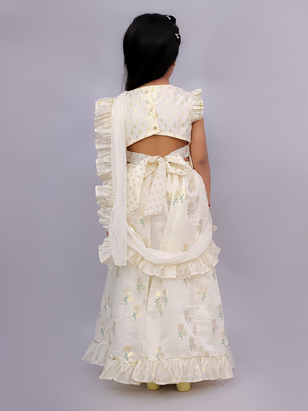 Lil Drama Girls Floral Print Crop Top With Flared Skirt And Dupatta Set, Off White
