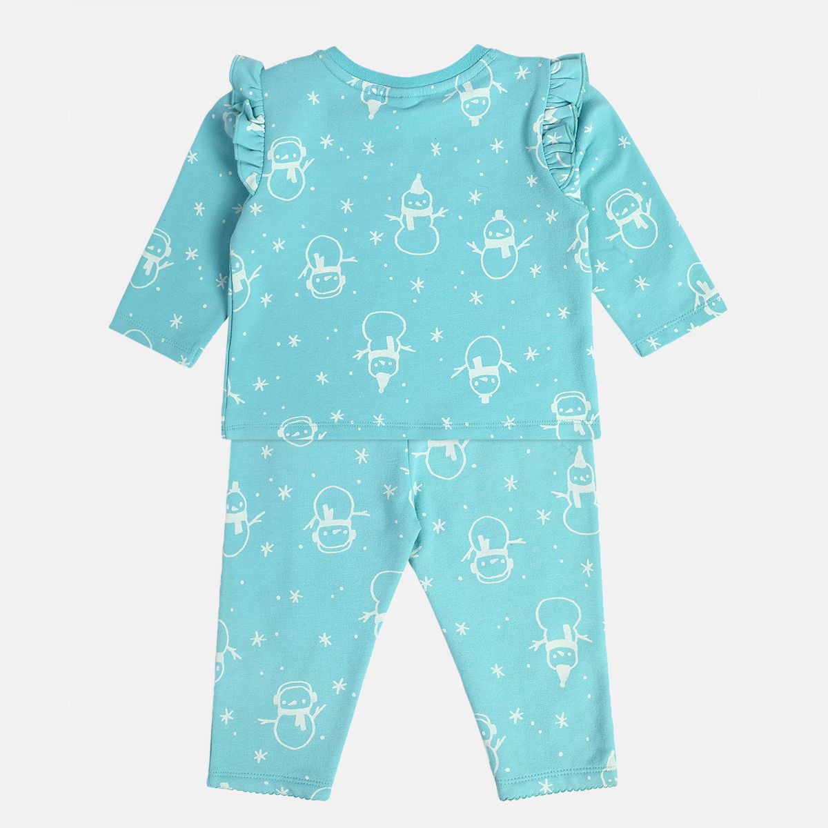Girls Cotton Ful Sleeves Snowman Printed Top & Bottom - Blue