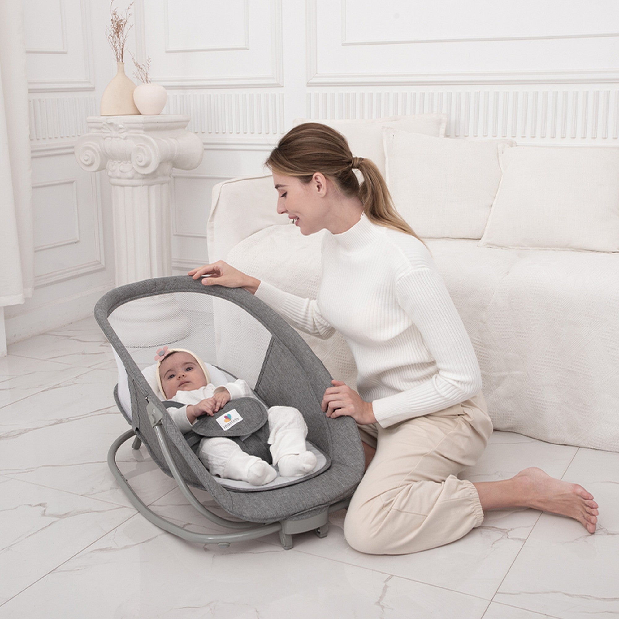 Mastela Grey Baby Electric Rocker and Bouncer with Music, Canopy and Mosquito Net for Infants