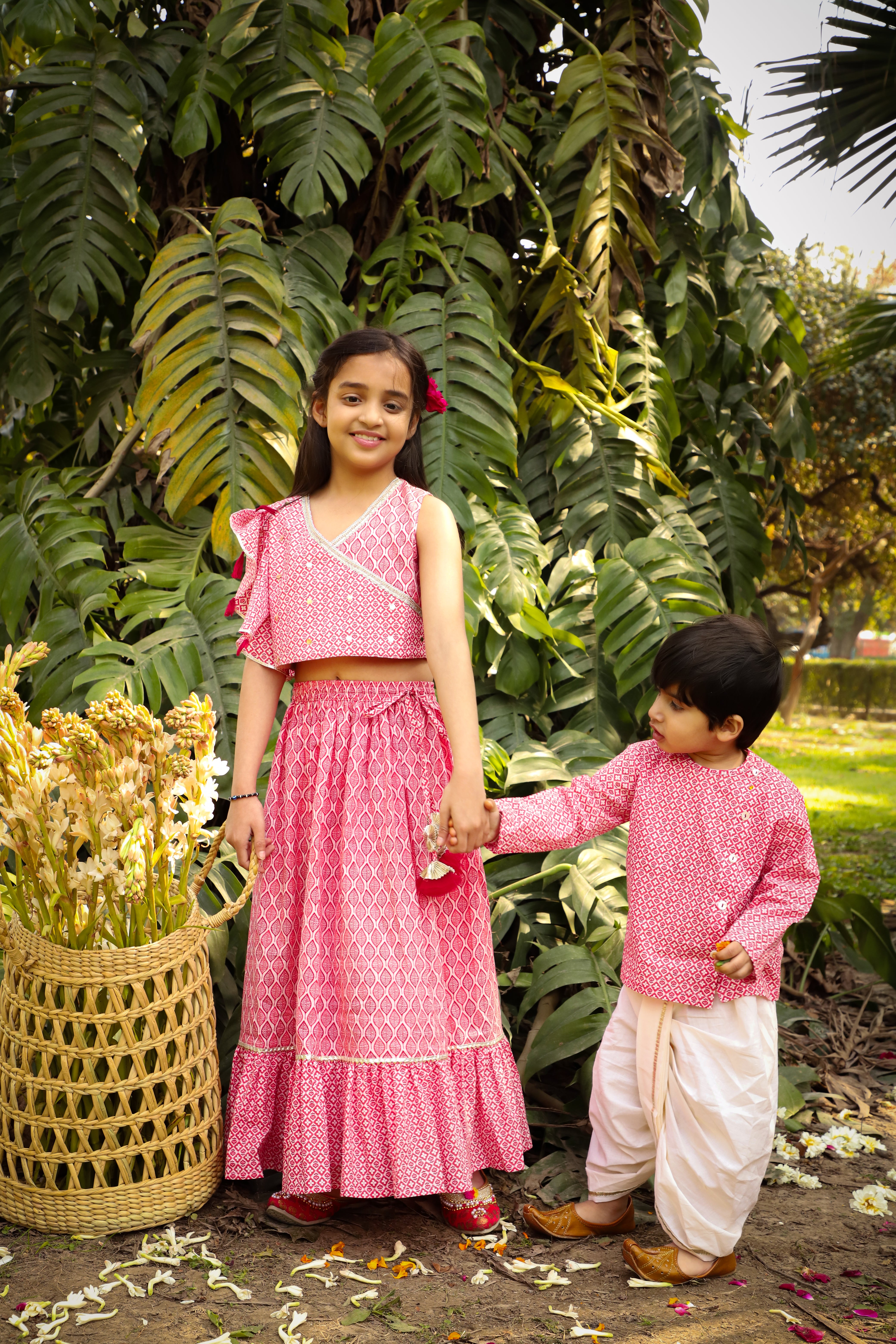 Lil Drama Girls Printed One Shoulder Crop Top With Flared Skirt Set, Pink