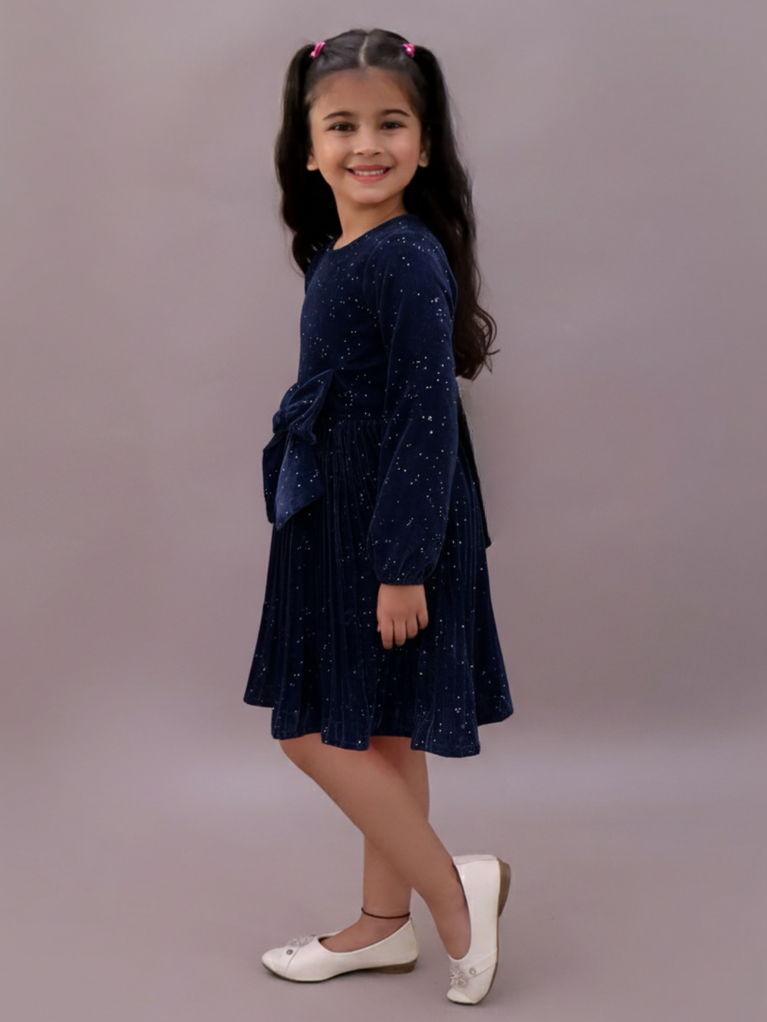 Lil Drama Girls Shimmer Pleated Full Sleeve Dress, Navy Blue