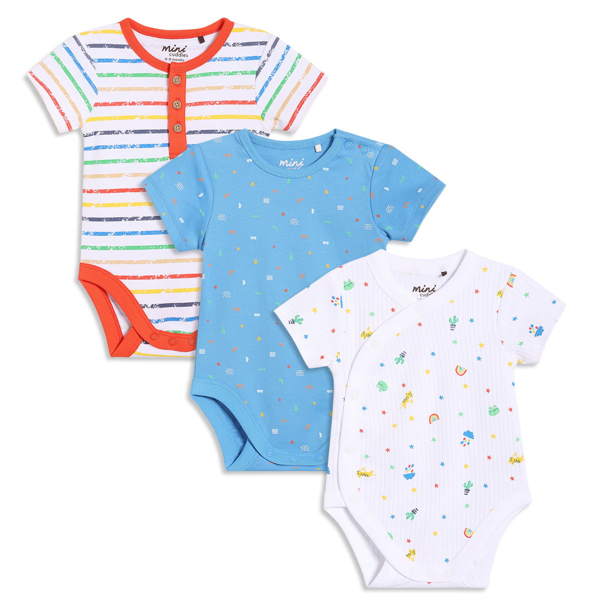 Baby Boys Printed Bodysuits Pack of 3, White and Blue