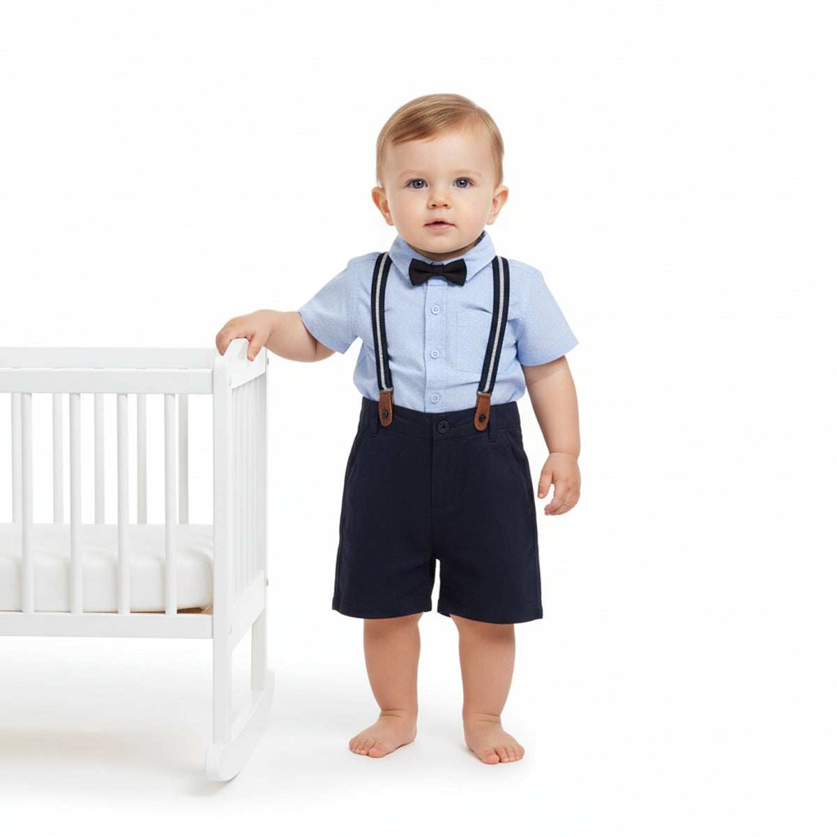 Baby Boys Printed Shirt with Solid Shorts and Suspenders Set, Light Blue and Navy