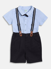 Baby Boys Printed Shirt with Solid Shorts and Suspenders Set, Light Blue and Navy