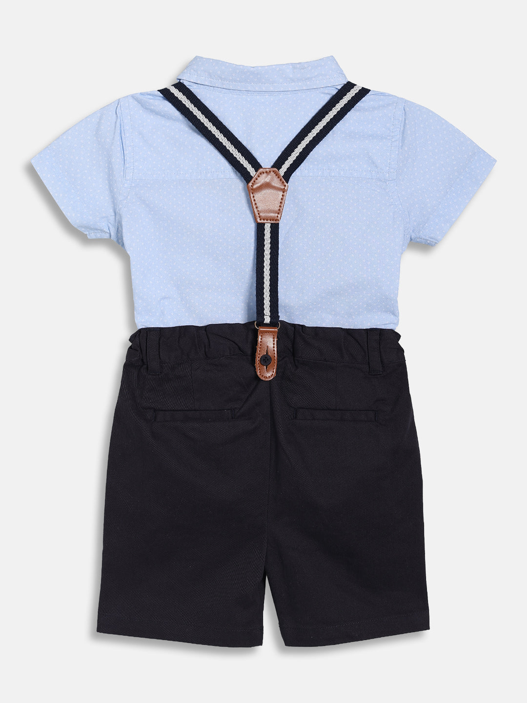 Baby Boys Printed Shirt with Solid Shorts and Suspenders Set, Light Blue and Navy