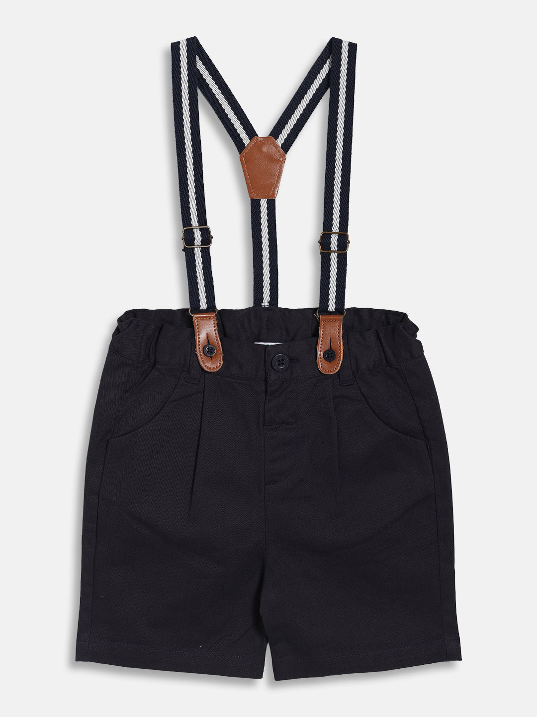 Baby Boys Printed Shirt with Solid Shorts and Suspenders Set, Light Blue and Navy