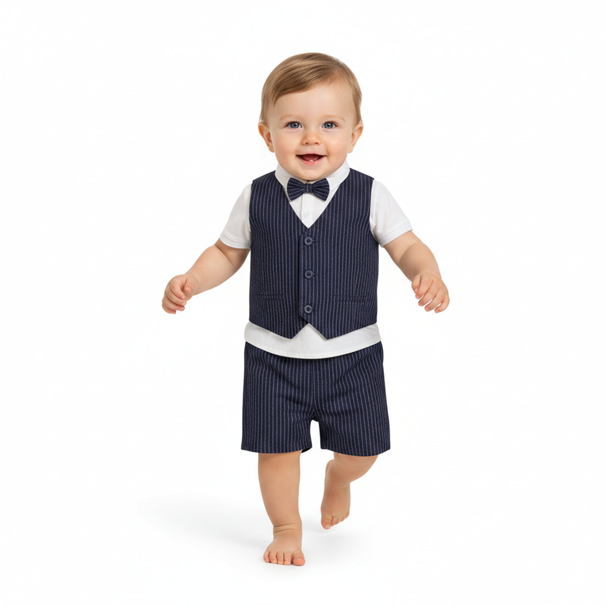 Baby Boys Striped Waistcoat with Solid Shirt and Shorts Set, White and Navy Blue