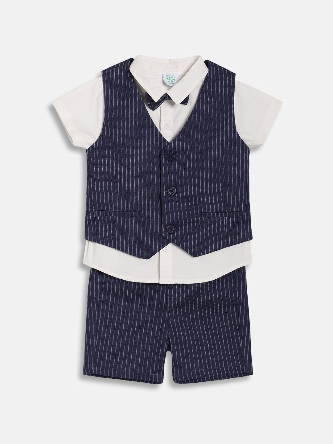 Baby Boys Striped Waistcoat with Solid Shirt and Shorts Set, White and Navy Blue