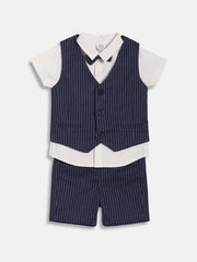 Baby Boys Striped Waistcoat with Solid Shirt and Shorts Set, White and Navy Blue