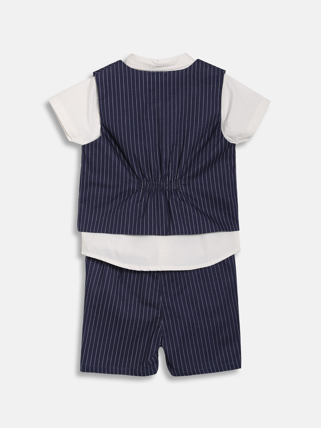 Baby Boys Striped Waistcoat with Solid Shirt and Shorts Set, White and Navy Blue
