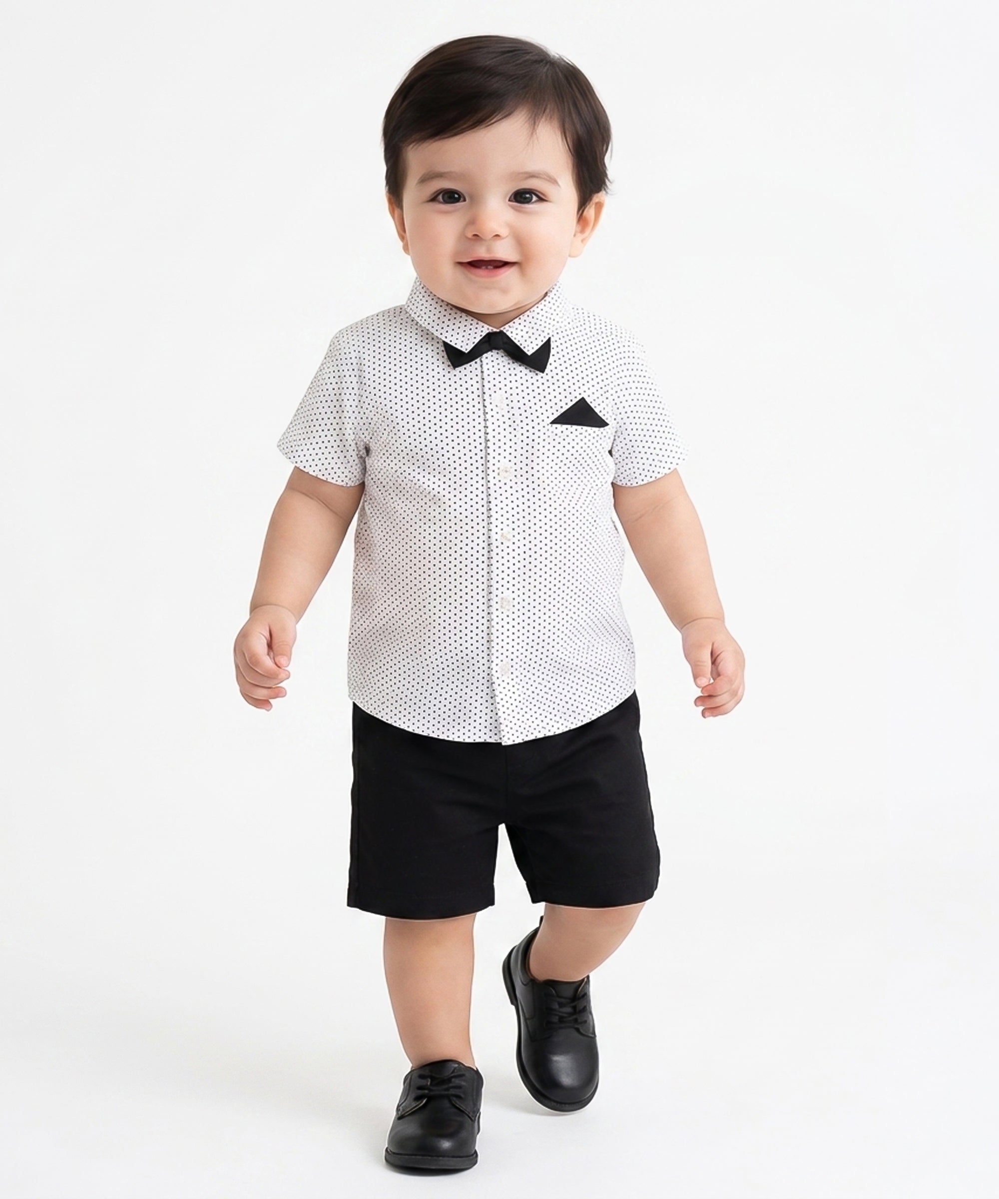 Baby Boys Polka Dot Shirt and Solid Shorts Co-ord Set, White and Black