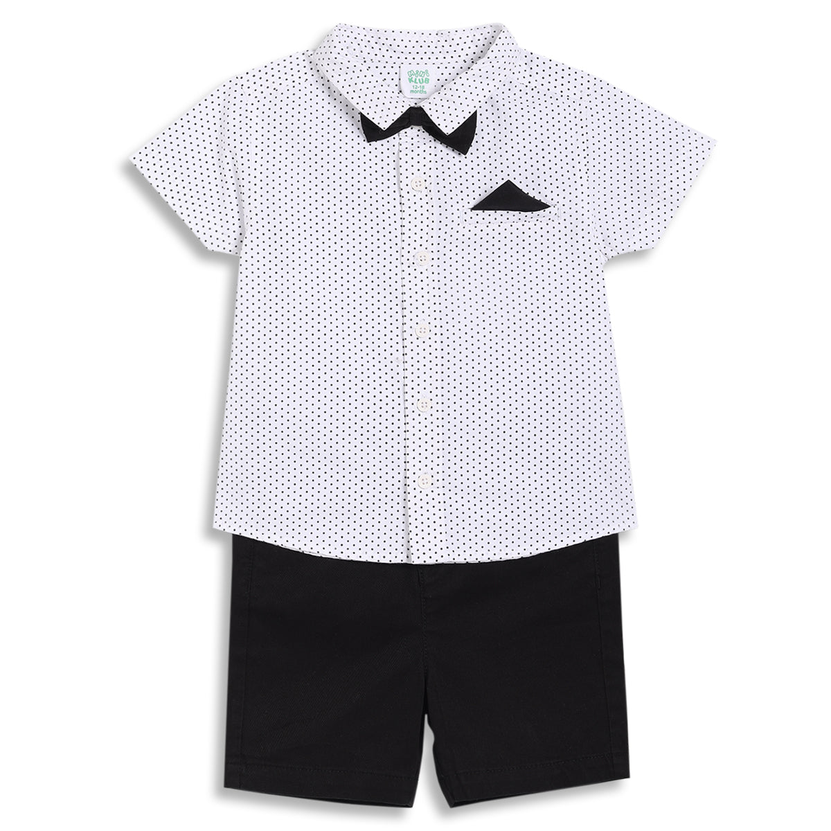 Baby Boys Polka Dot Shirt and Solid Shorts Co-ord Set, White and Black