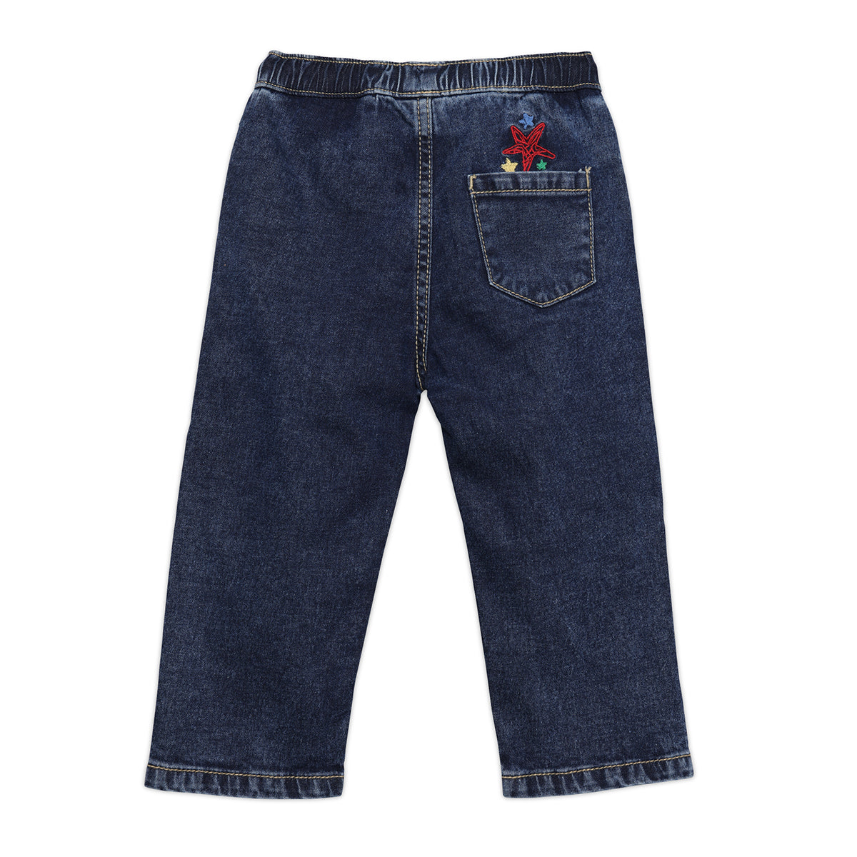 Baby Boys Denim Pull-On Trousers with Embroidered Detail – Dark Blue