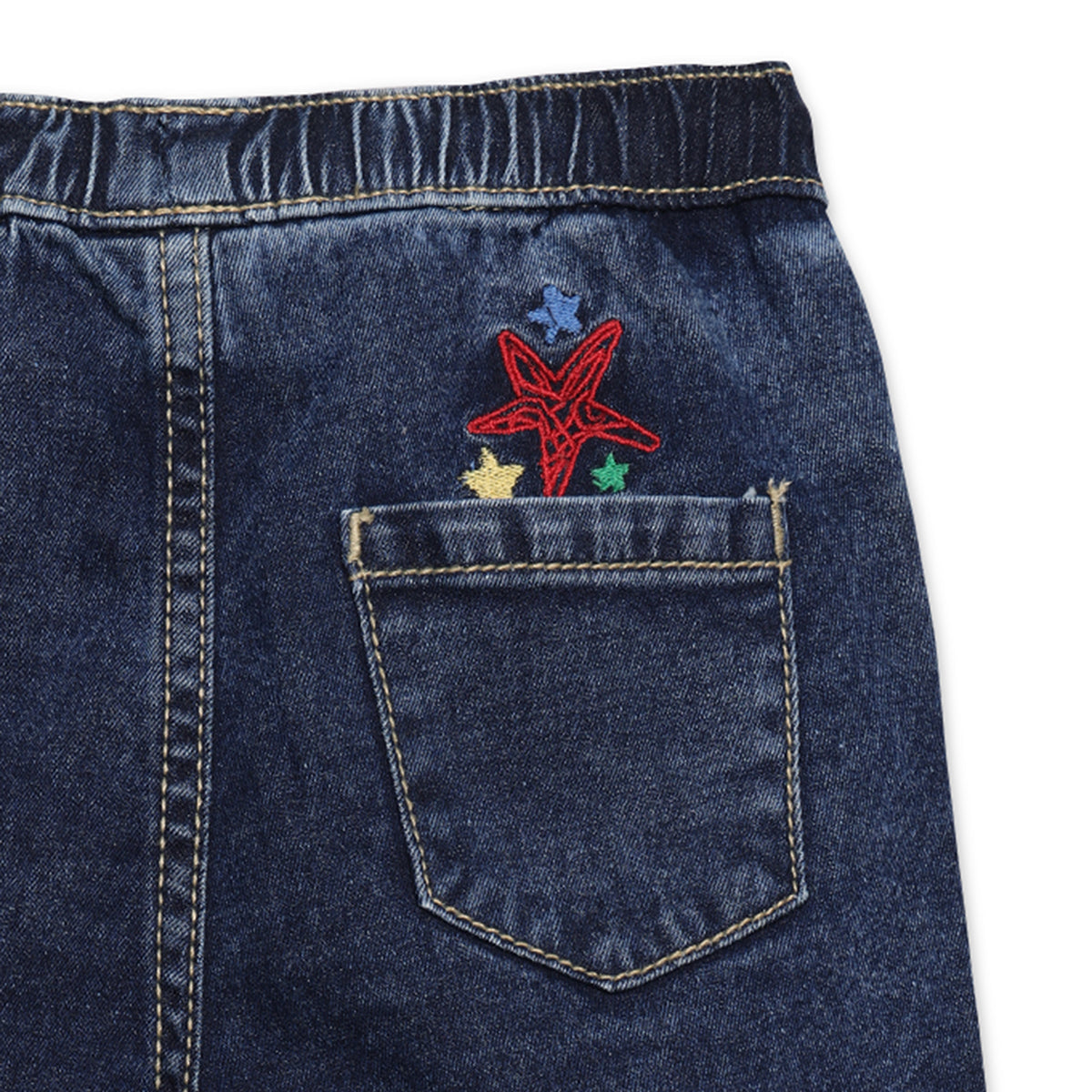 Baby Boys Denim Pull-On Trousers with Embroidered Detail – Dark Blue