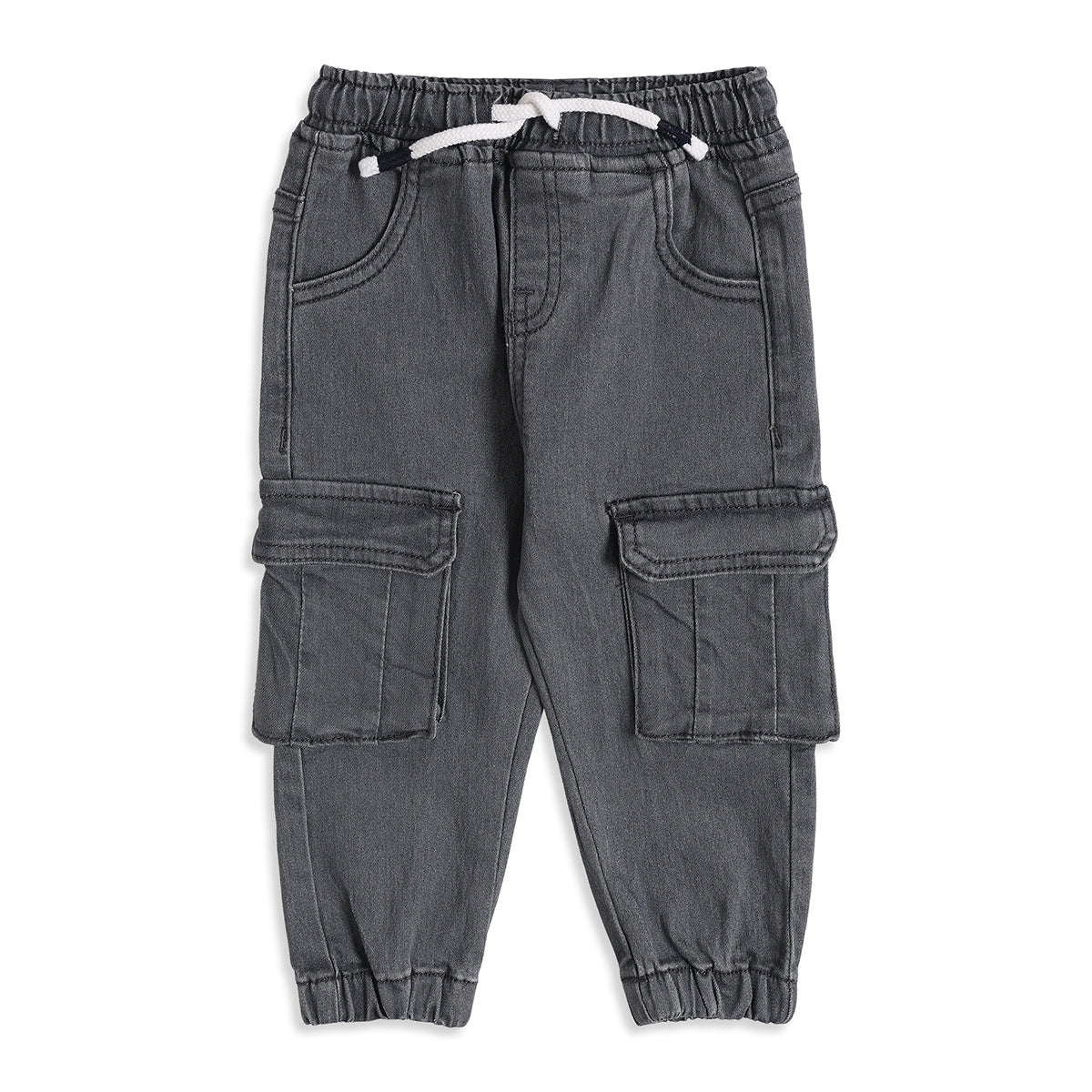 Baby Boys Grey Denim Cargo Jogger Pants Regular Fit Casual Kids Bottom Wear