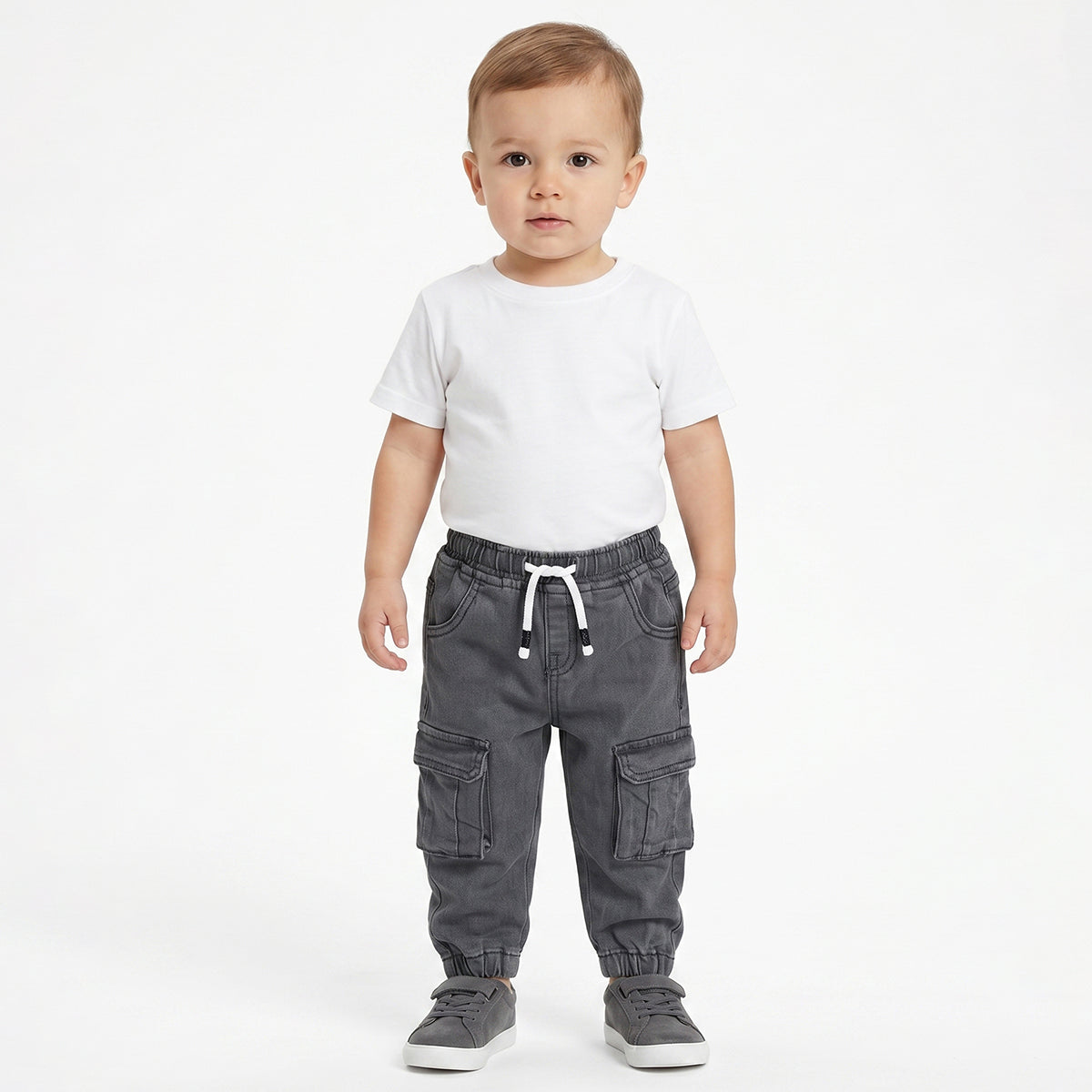 Baby Boys Grey Denim Cargo Jogger Pants Regular Fit Casual Kids Bottom Wear
