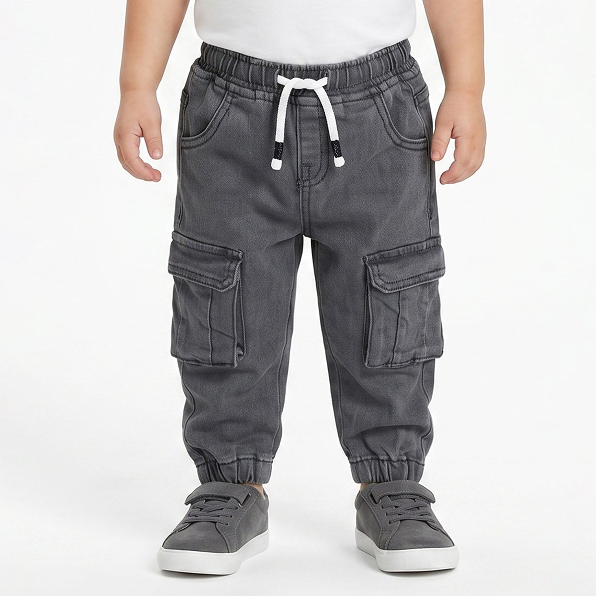 Baby Boys Grey Denim Cargo Jogger Pants Regular Fit Casual Kids Bottom Wear