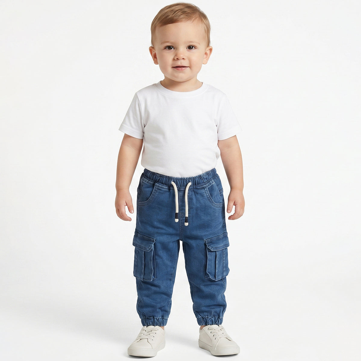 Baby Boys Blue Denim Cargo Jogger Pants Regular Fit Casual Denim Bottom