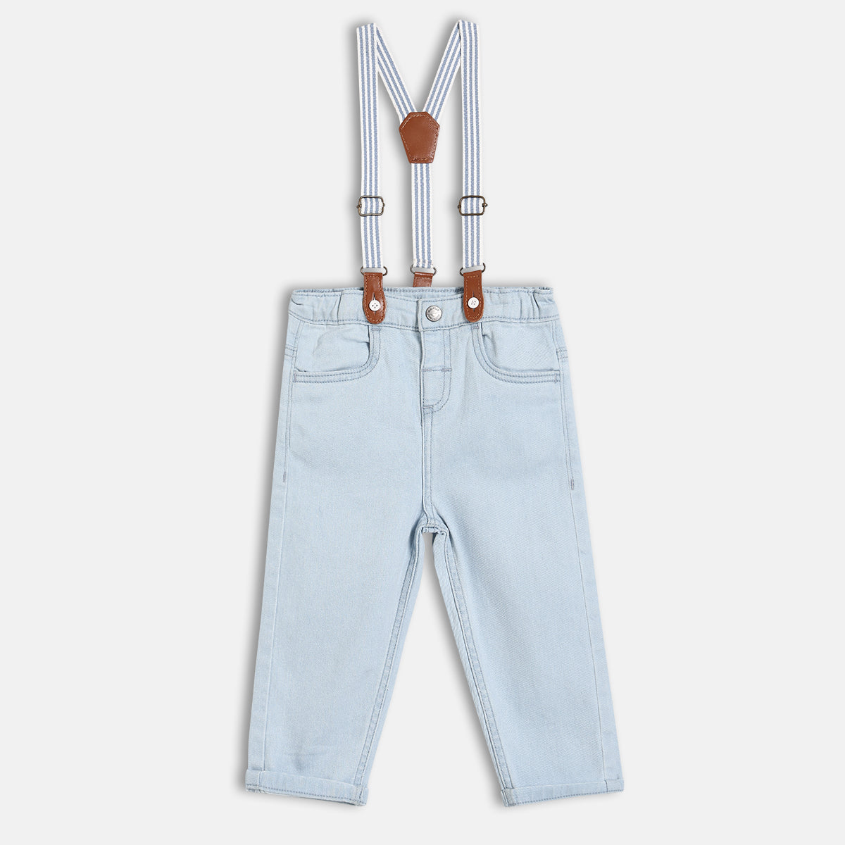 Baby Boys Solid Denim Pant With Suspenders, Light Blue