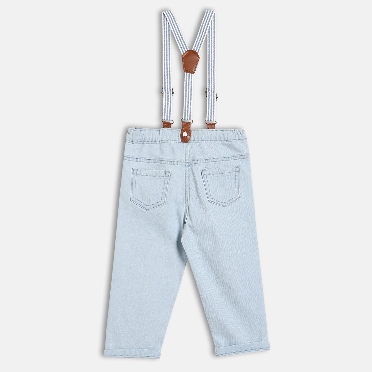Baby Boys Solid Denim Pant With Suspenders, Light Blue