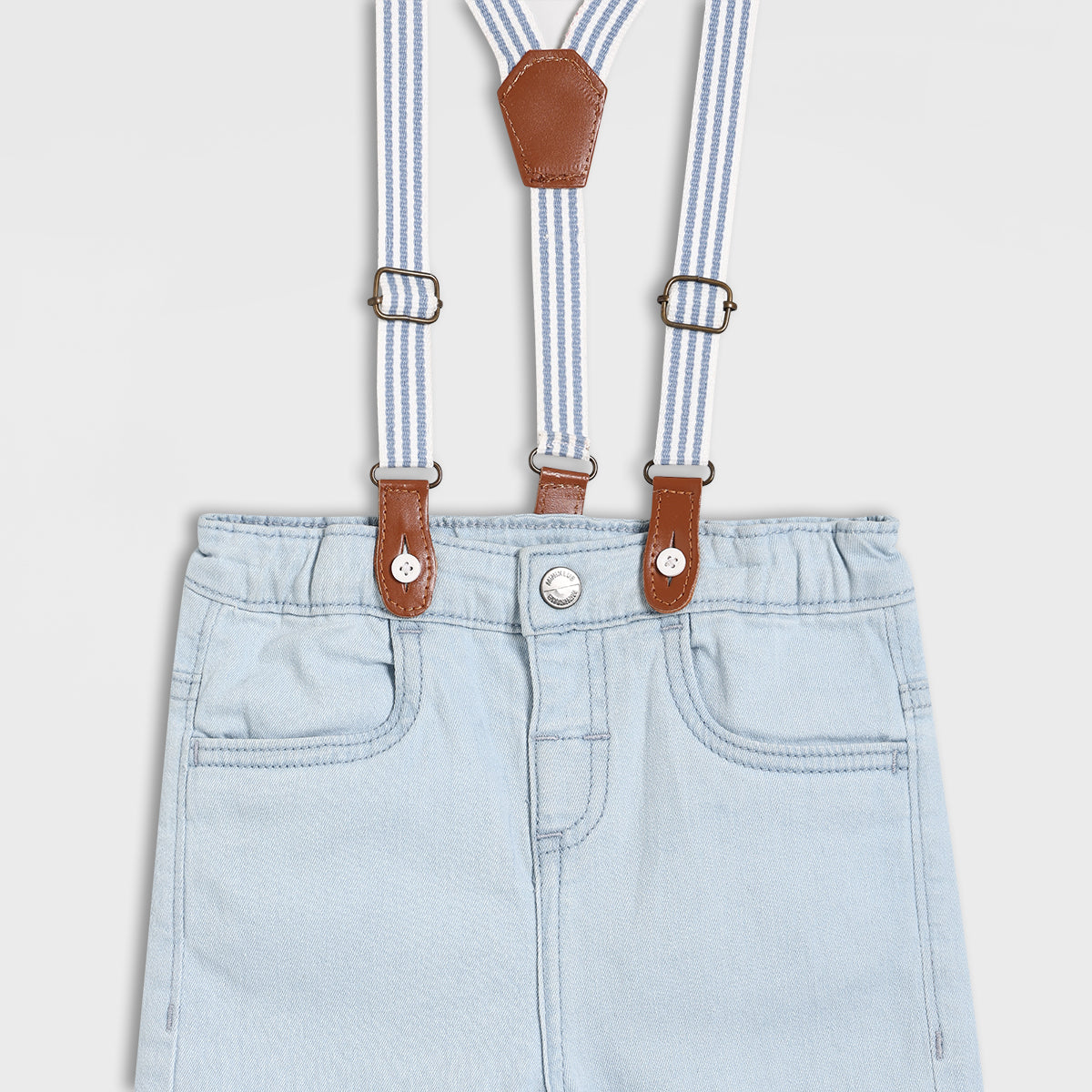 Baby Boys Solid Denim Pant With Suspenders, Light Blue