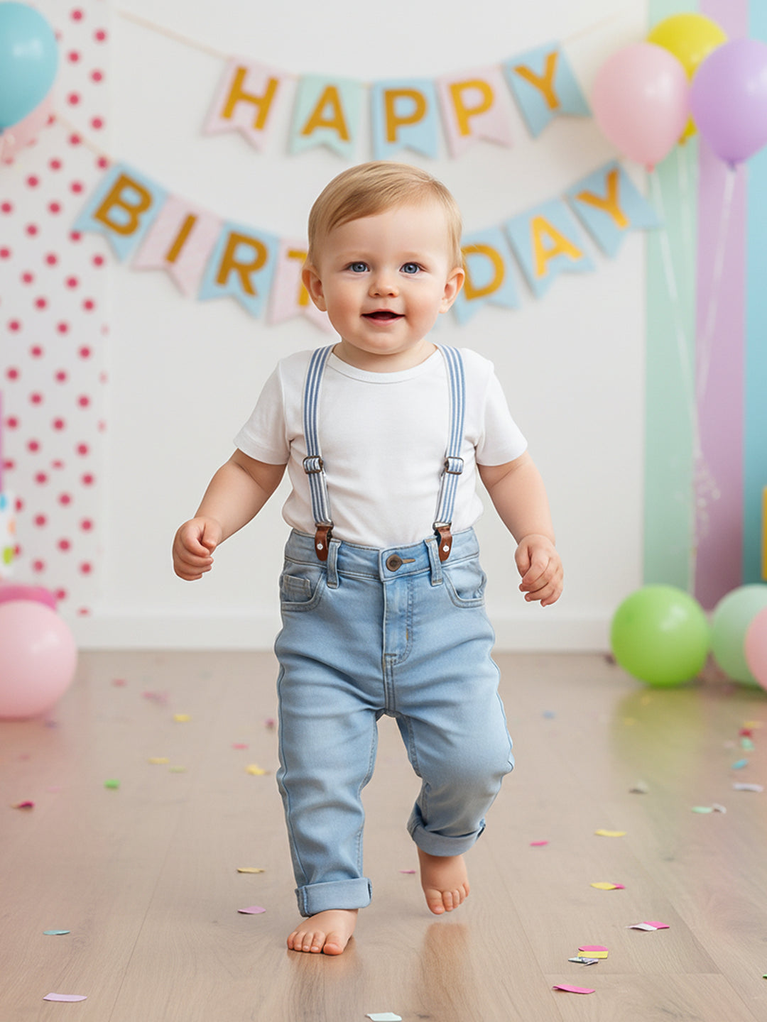 Baby Boys Solid Denim Pant With Suspenders, Light Blue
