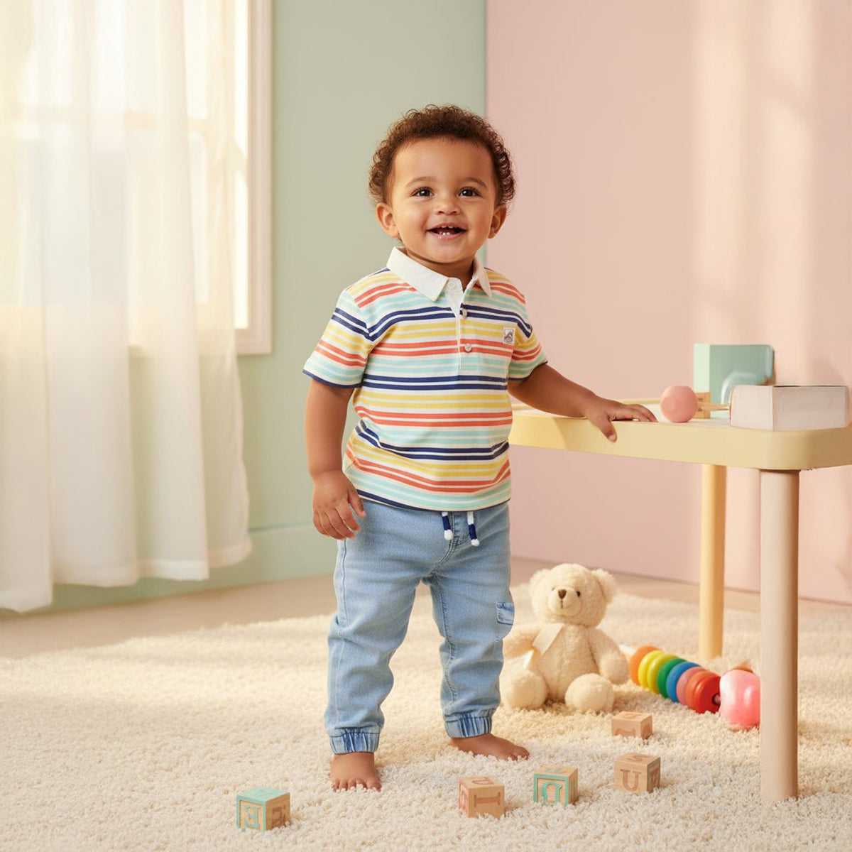 Baby Boys Light Wash Cargo Denim Pant, Light Blue