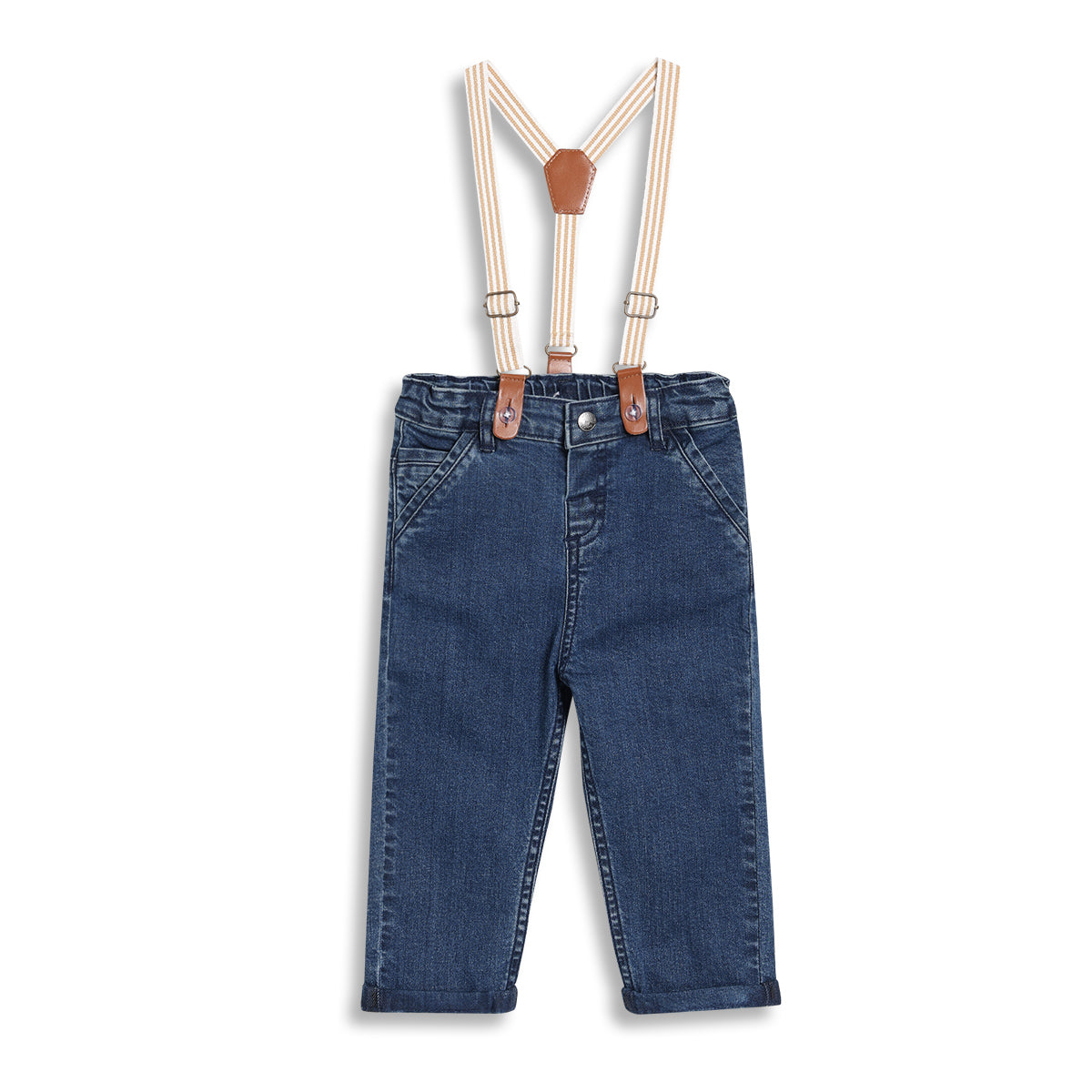 Baby Boys Solid Denim Pants with Suspenders, Blue