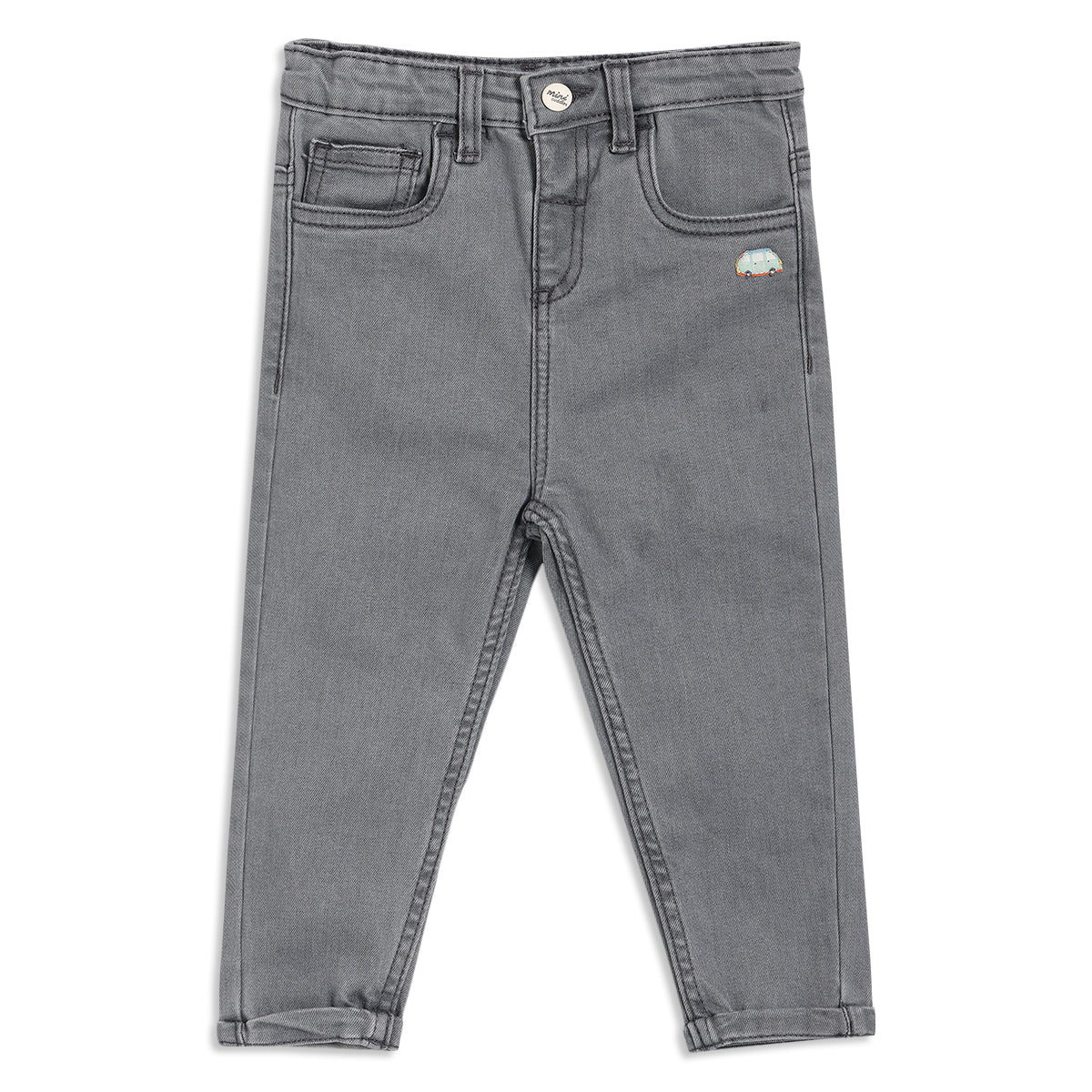 Baby Boys Vehicle Embroidered Denim Pants, Grey