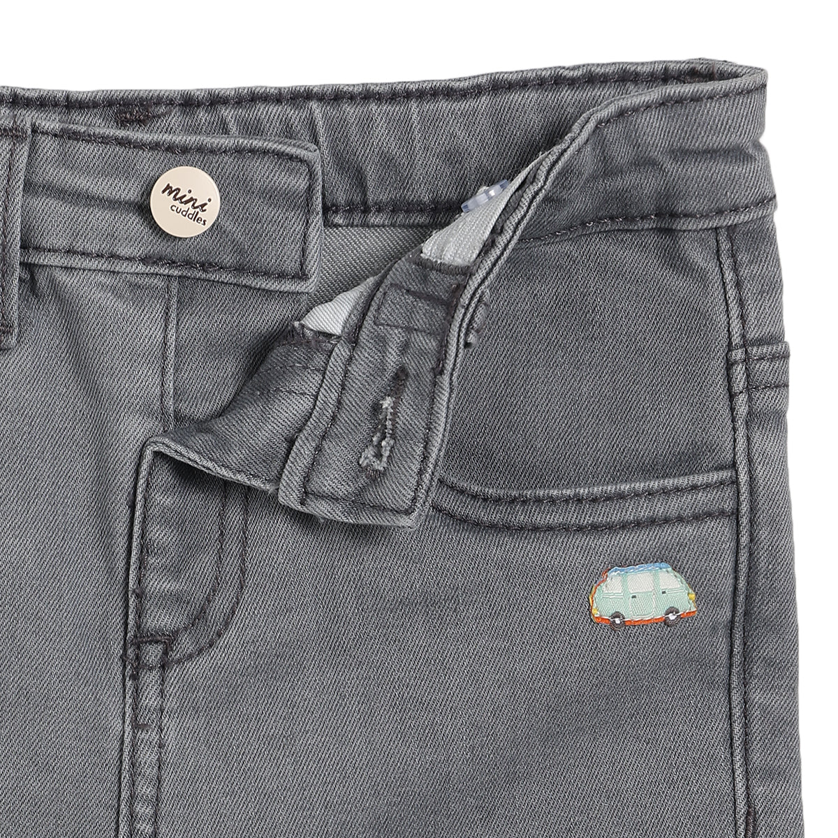 Baby Boys Vehicle Embroidered Denim Pants, Grey