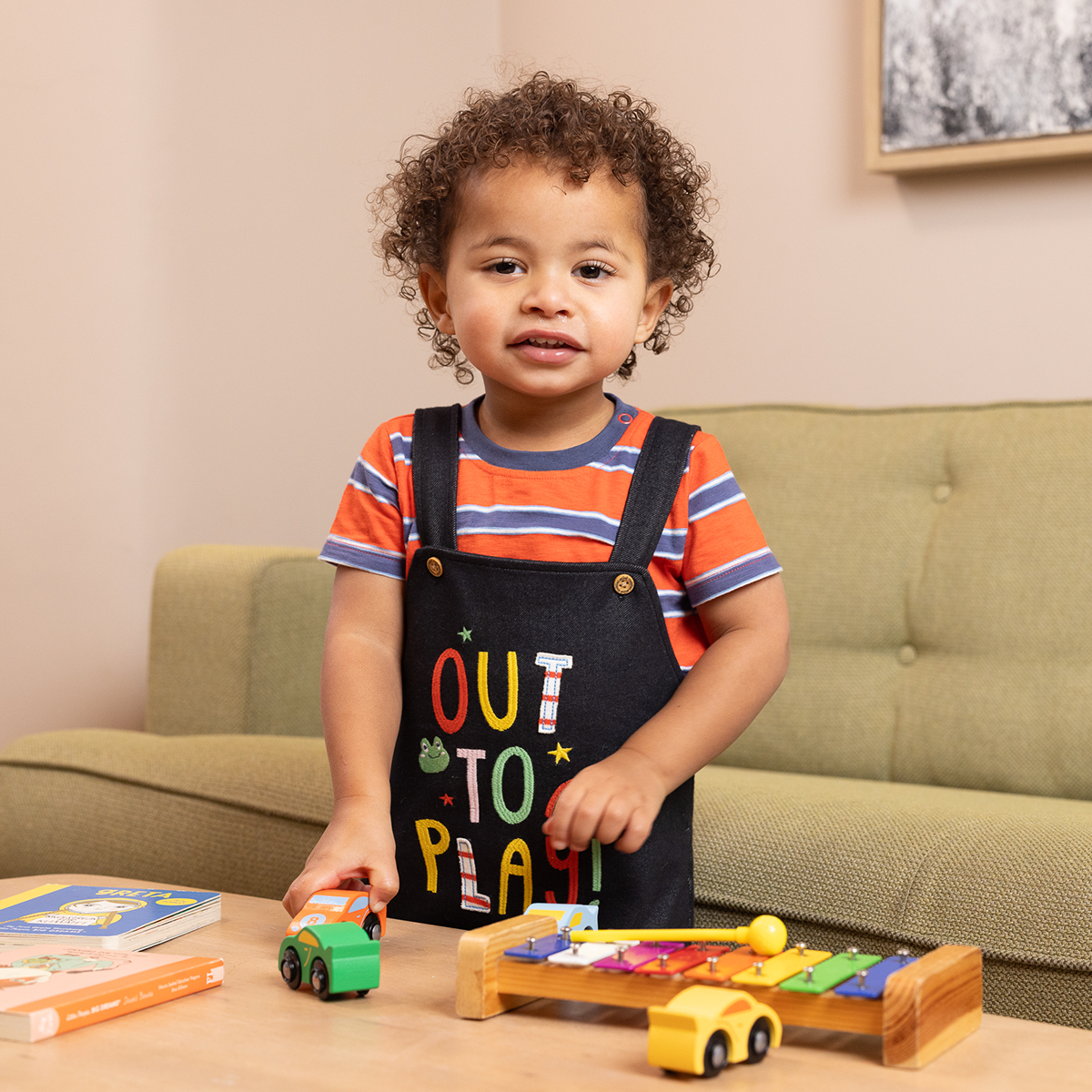 Baby Boys Striped T-Shirt with Embroidered Dungaree Set, Red and Black