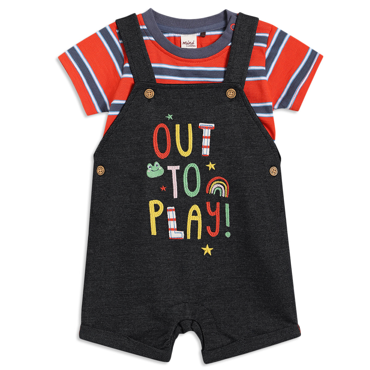Baby Boys Striped T-Shirt with Embroidered Dungaree Set, Red and Black