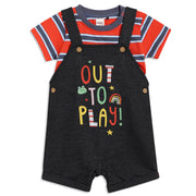 Baby Boys Striped T-Shirt with Embroidered Dungaree Set, Red and Black