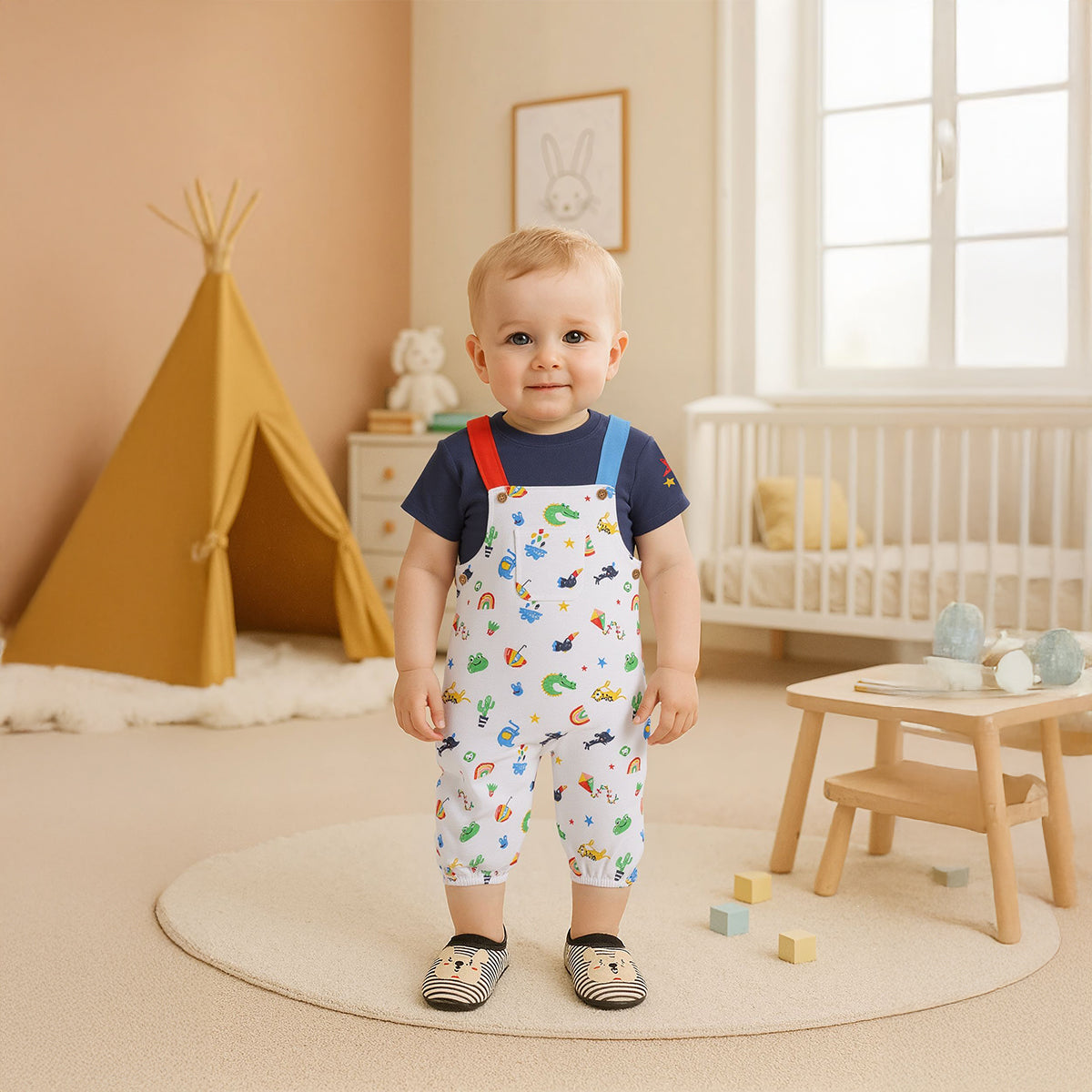 Baby Boys Animal & Rainbow Printed Dungaree Set, Multicolour