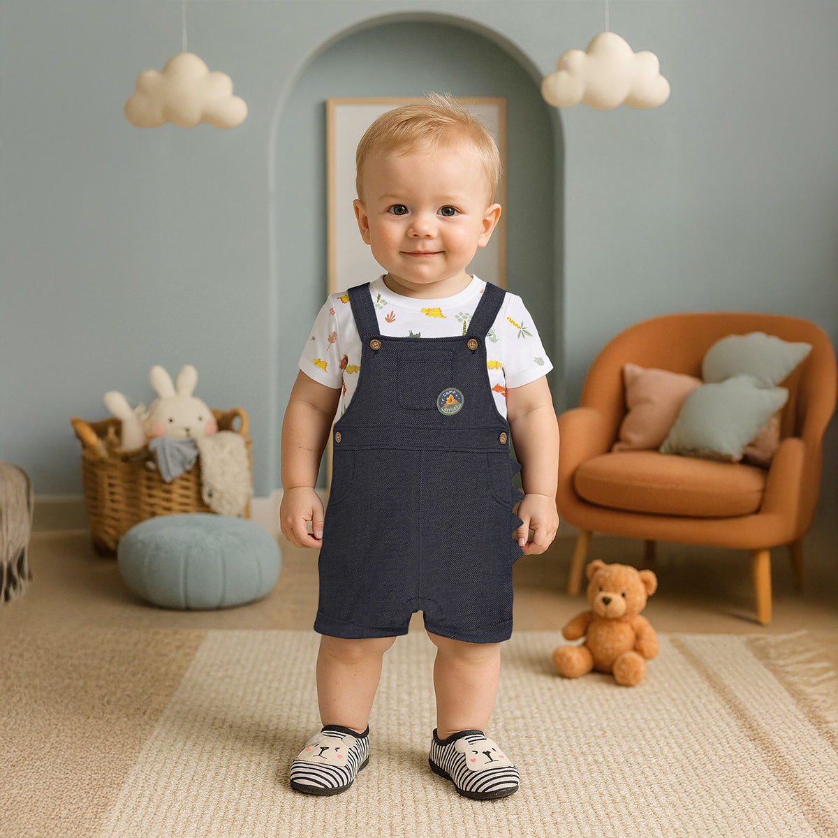 Baby Boys Dinosaur Print T-Shirt with Denim Dungaree Set, White and Dark Blue