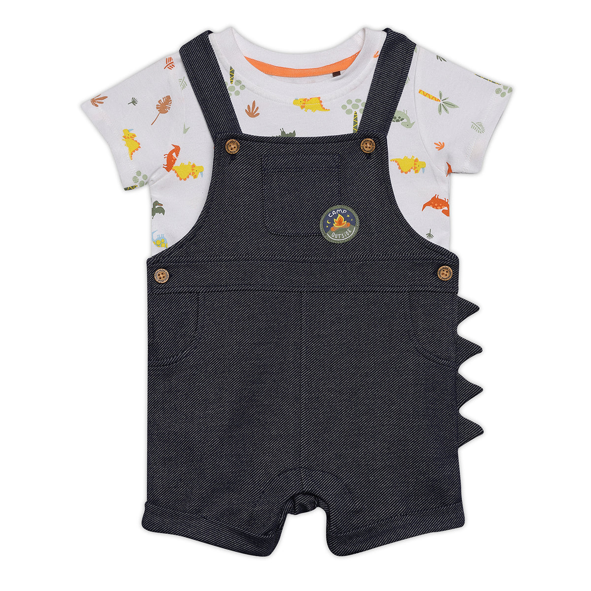 Baby Boys Dinosaur Print T-Shirt with Denim Dungaree Set, White and Dark Blue