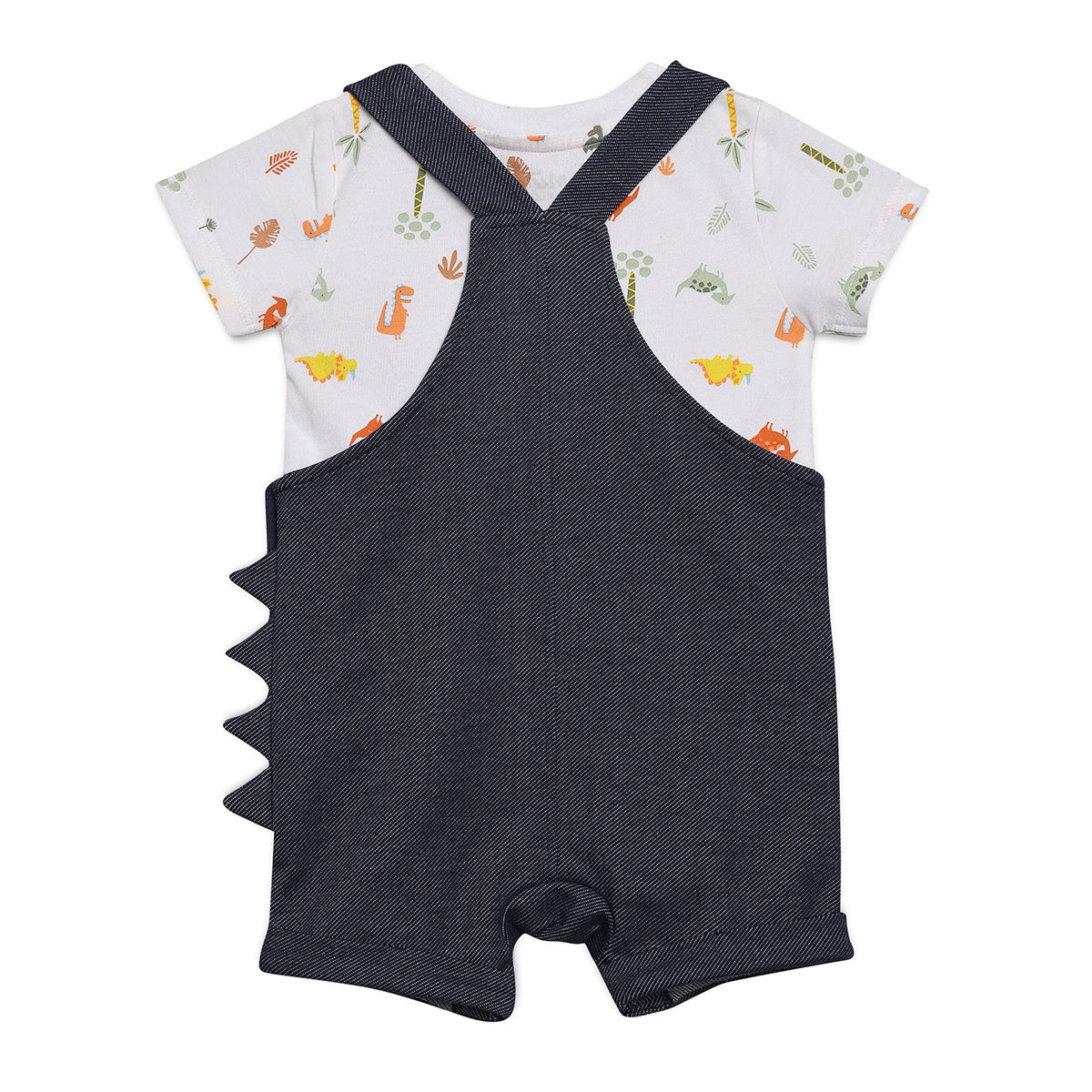 Baby Boys Dinosaur Print T-Shirt with Denim Dungaree Set, White and Dark Blue