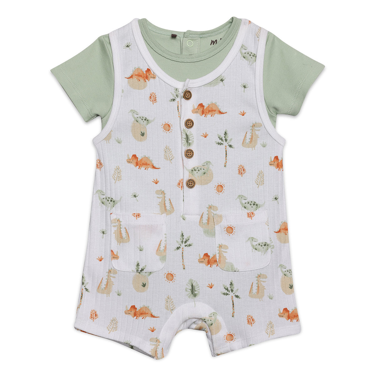 Baby Boys Dinosaur Printed Dungaree Set with Matching Cap, Multicolour