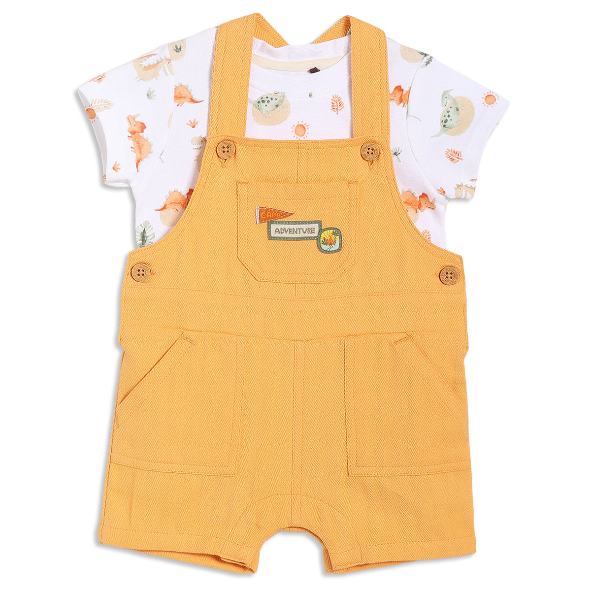 Baby Boys Dungaree Set with Dino Print T-shirt, Yellow & White