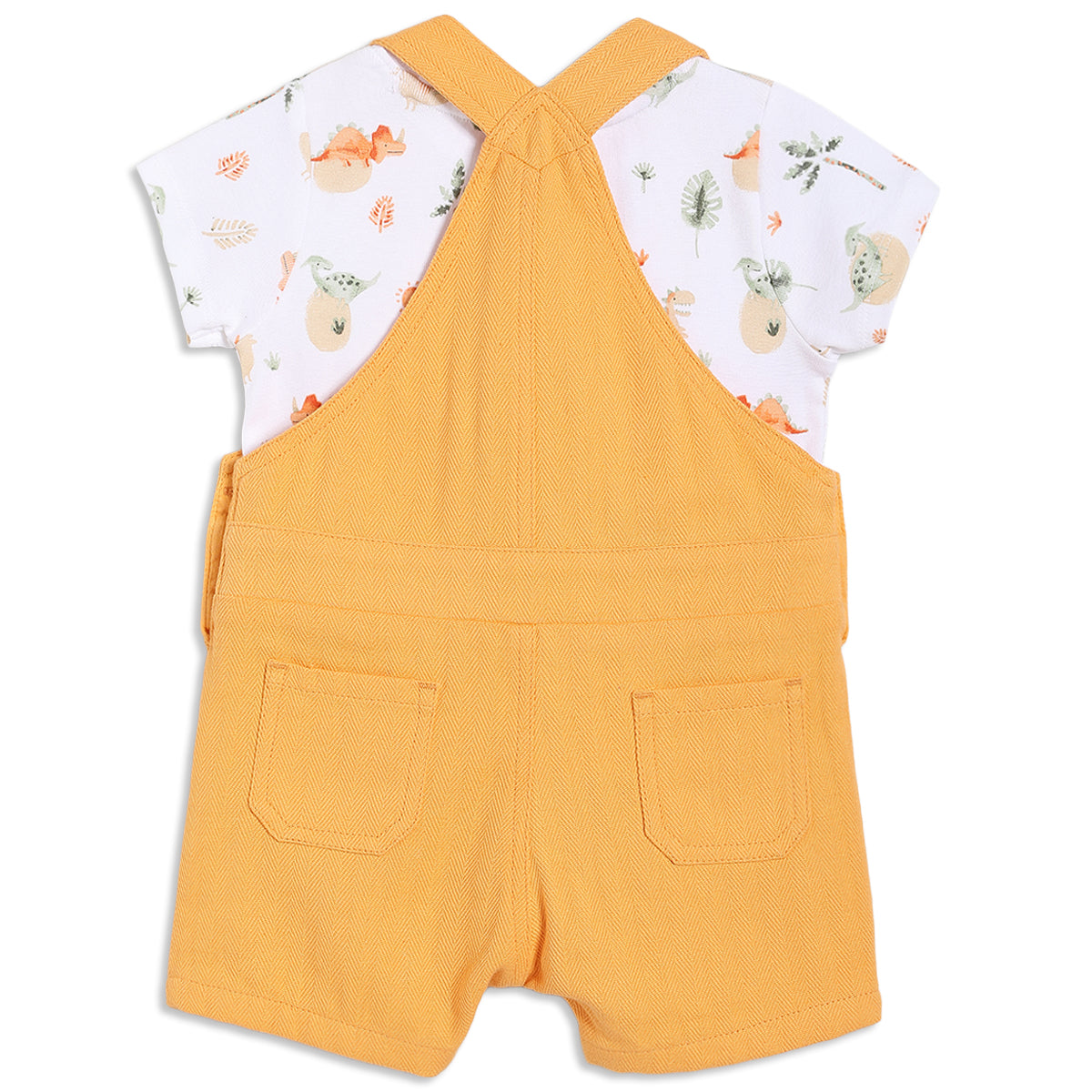 Baby Boys Dungaree Set with Dino Print T-shirt, Yellow & White