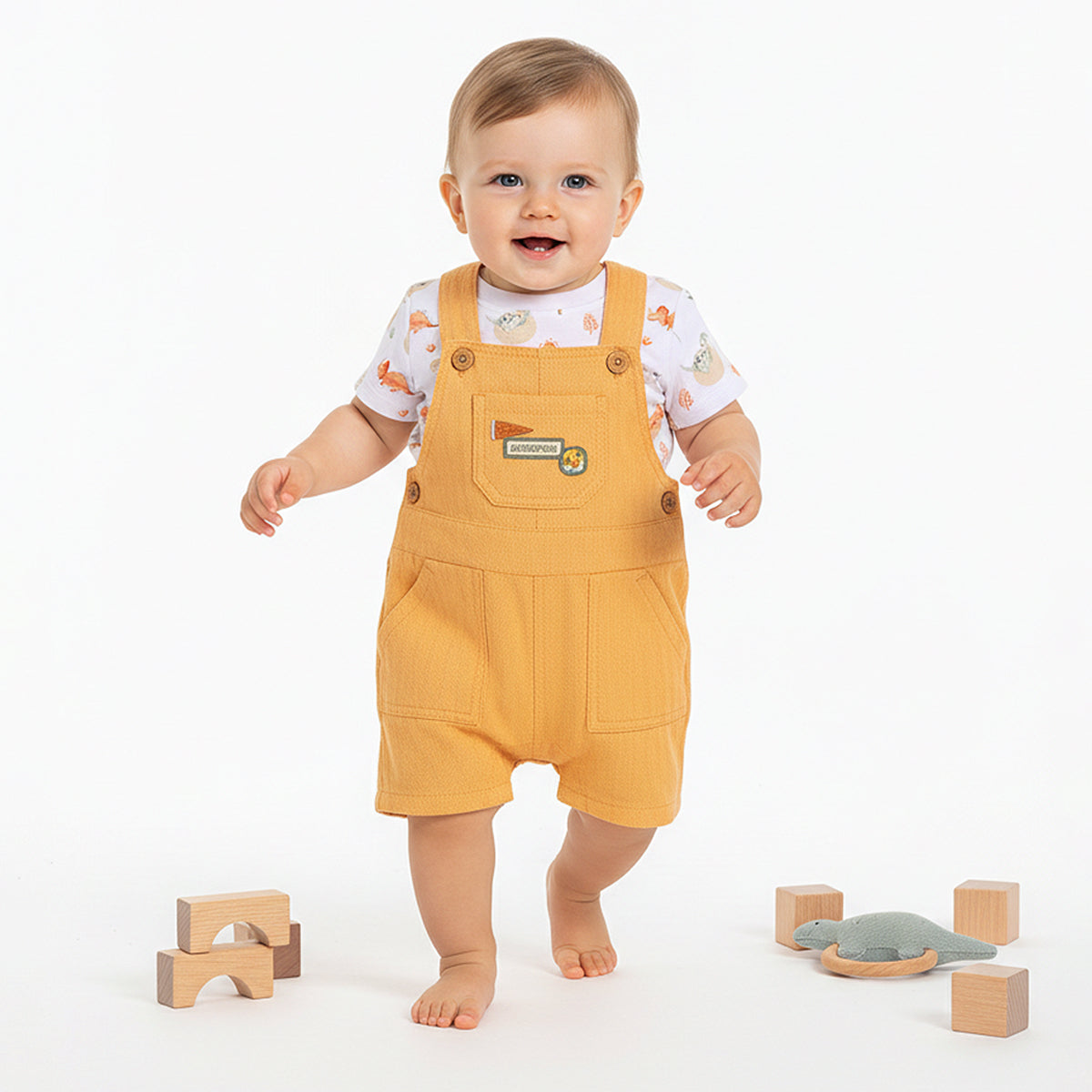 Baby Boys Dungaree Set with Dino Print T-shirt, Yellow & White