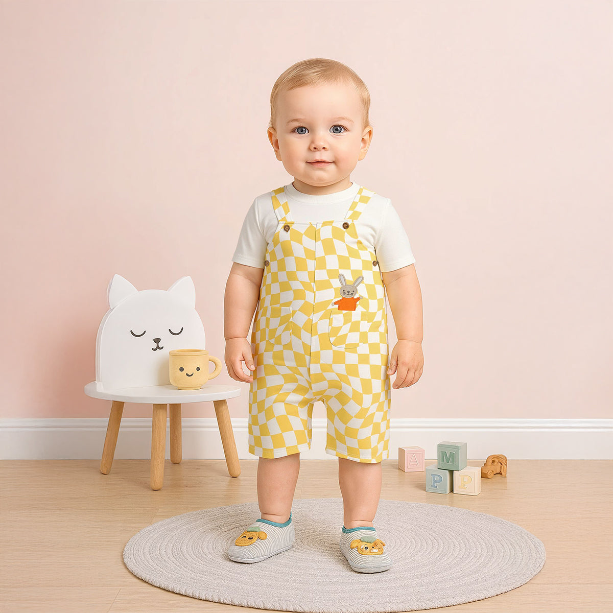 Baby Boys Checked Dungaree Set with Bunny Applique, Yellow