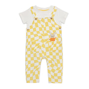 Baby Boys Checked Dungaree Set with Bunny Applique, Yellow