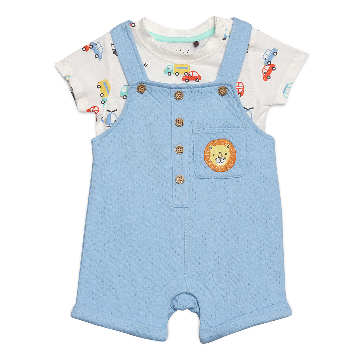 Baby Boys Lion Patch Dungaree Set with Matching Cap, Blue, White