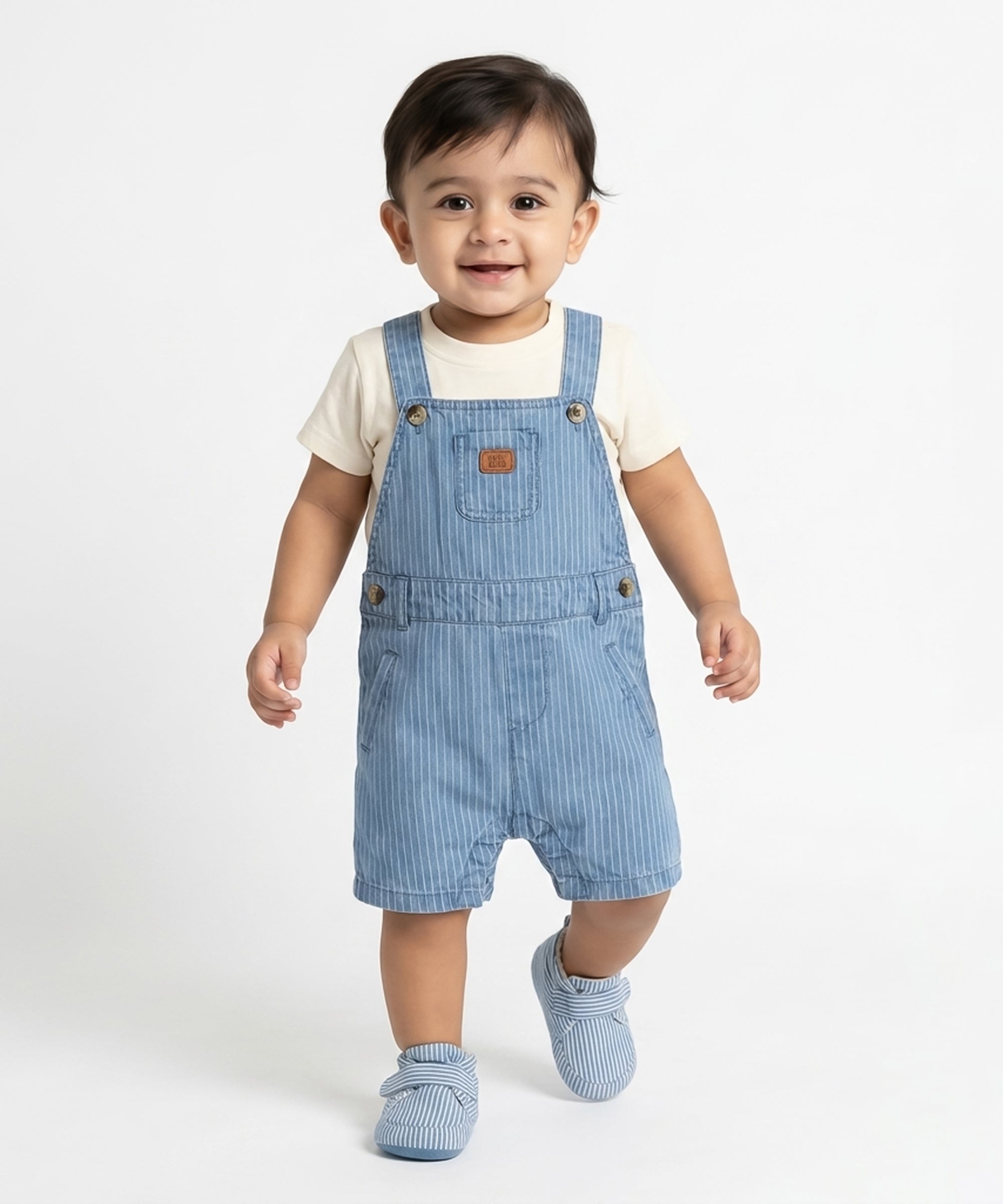 Baby Boys Striped Denim Dungaree with Solid T-shirt Set, Blue and Off White