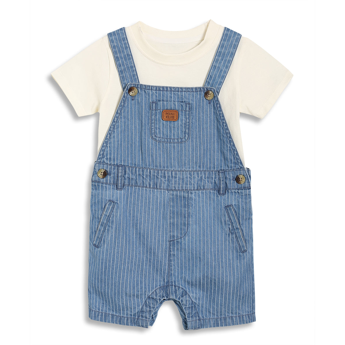 Baby Boys Striped Denim Dungaree with Solid T-shirt Set, Blue and Off White